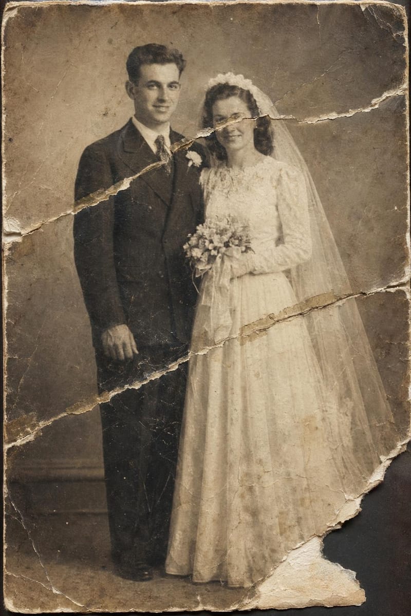 Damaged original — Restored 1948 wedding portrait of Walter's grandparents