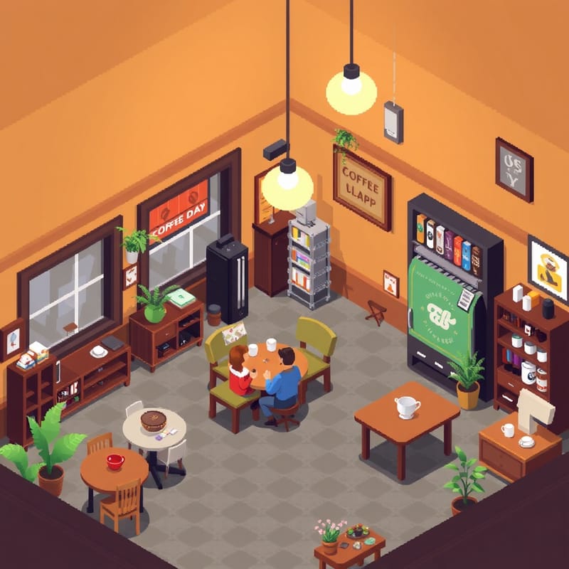 Isometric pixel art coffee shop