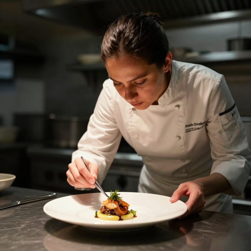 Chef plating gourmet dish, dramatic lighting