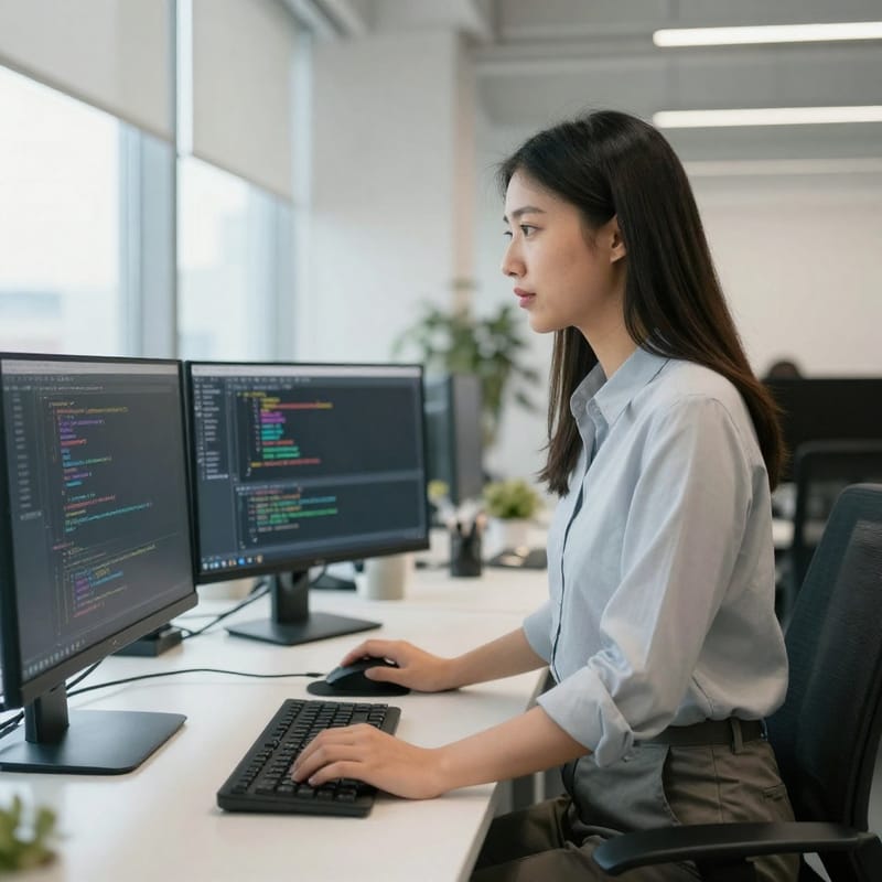 Software developer at standing desk, tech office