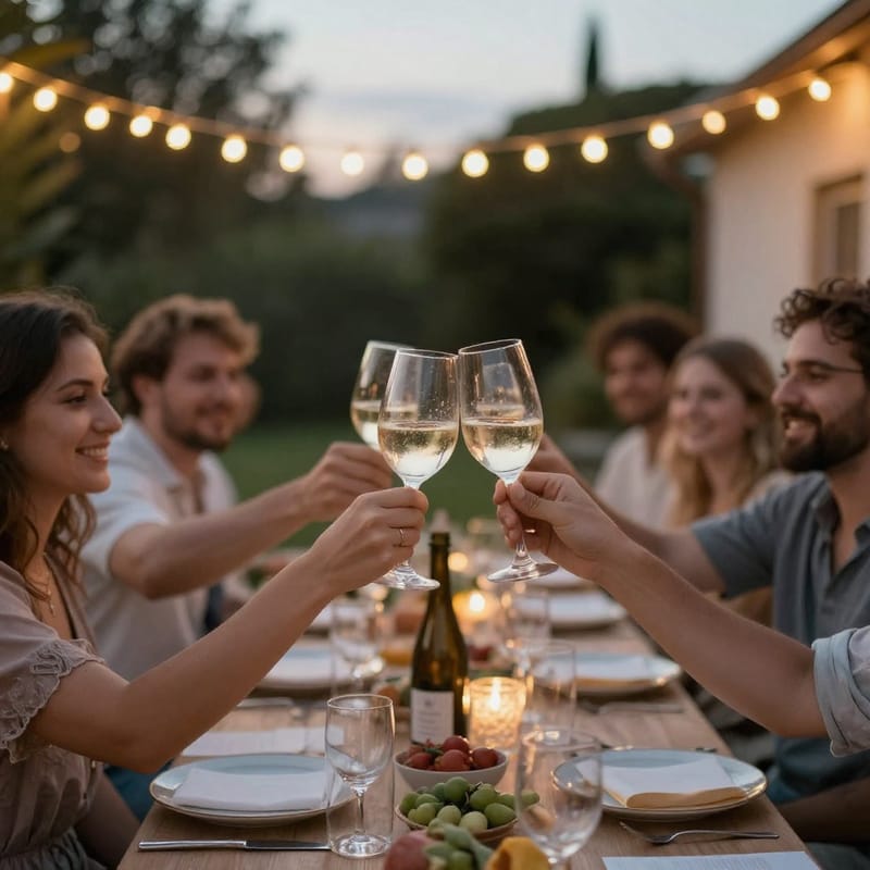 Friends toasting at outdoor dinner