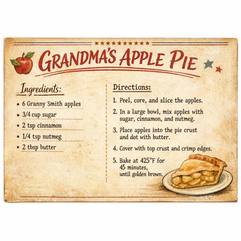 Vintage apple pie recipe card
