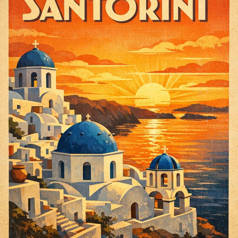 Visit Santorini art deco poster