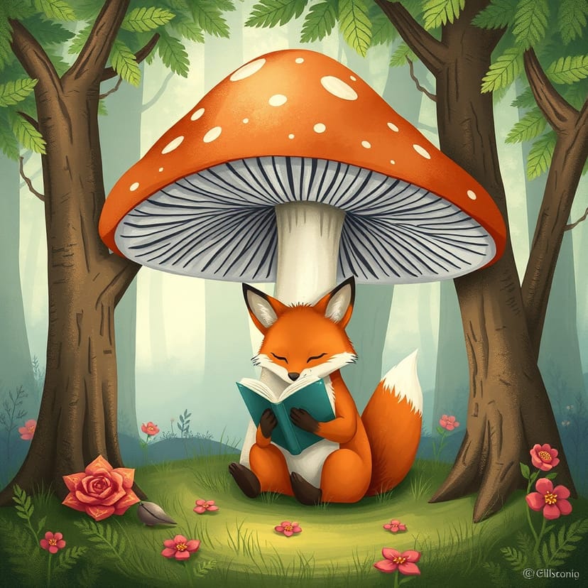 Fox reading book under mushroom illustration