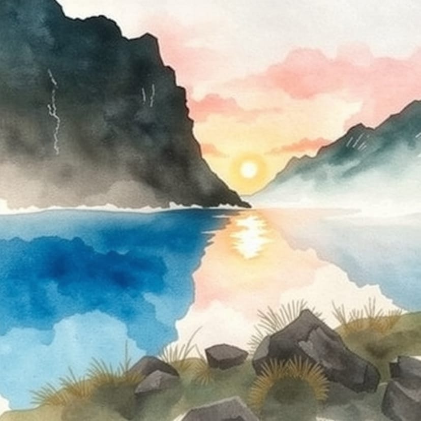 Watercolor mountain lake at sunrise
