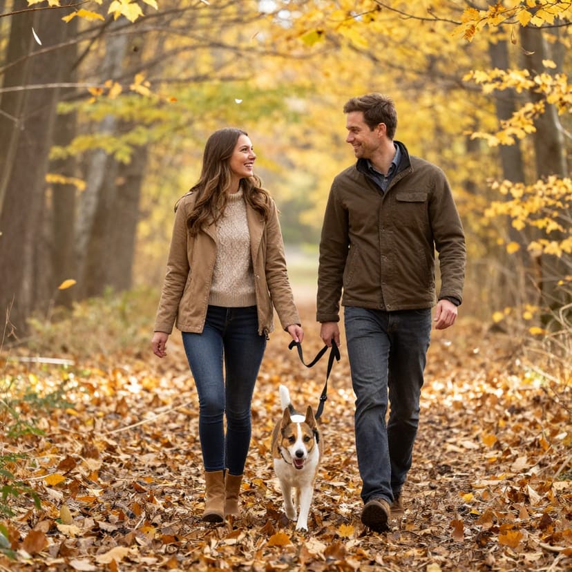 Couple walking dog, autumn forest
