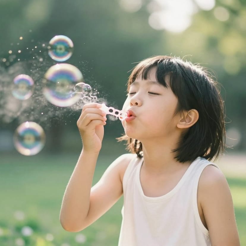 Child blowing bubbles in sunny park