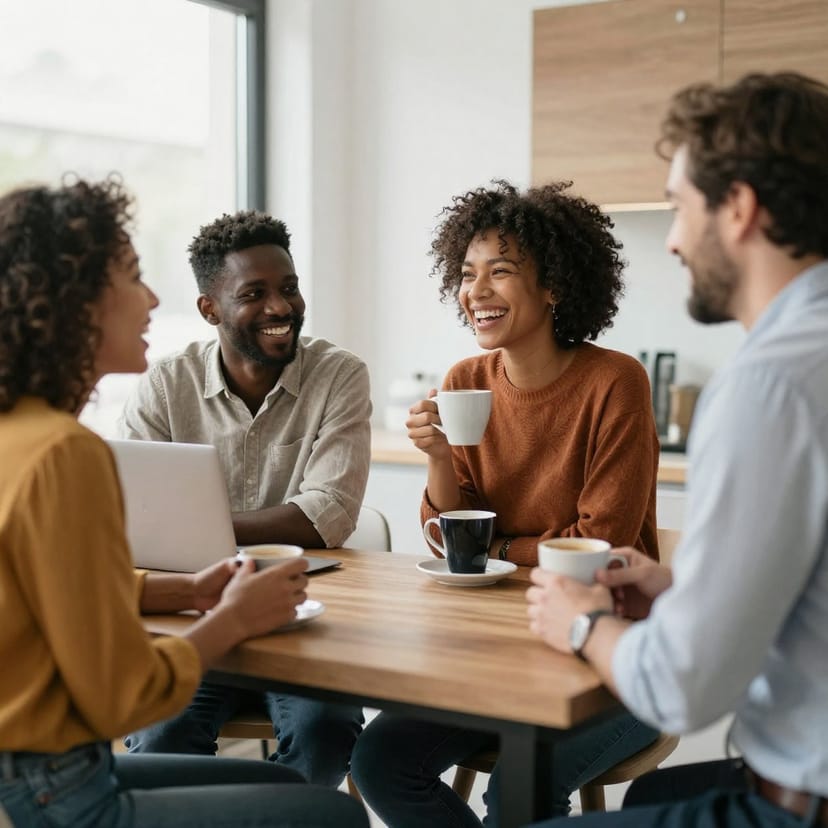 Coworkers laughing during coffee break