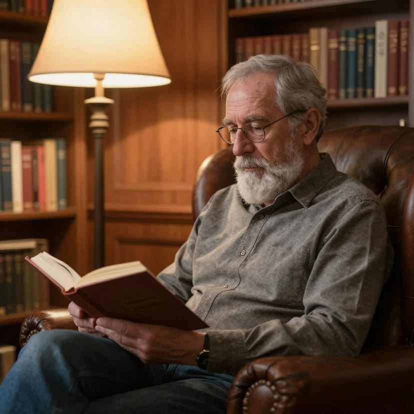 Senior man reading in cozy library